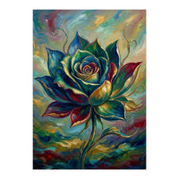 Enchanted Teal and Gold Rose Impasto Oil Painting (Print Only)