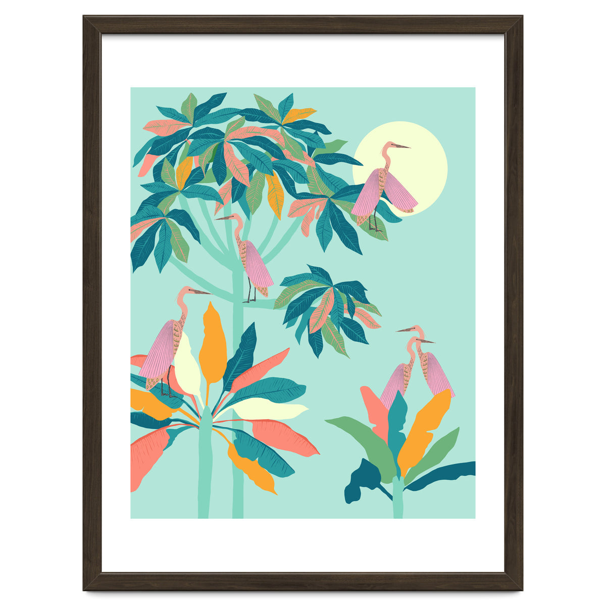 Drawn To The Moon, Stork Heron Flamingo Birds, Tropical Pastel Wildlife Forest Nature, Animals Jungle Bohemian Eclectic Fly