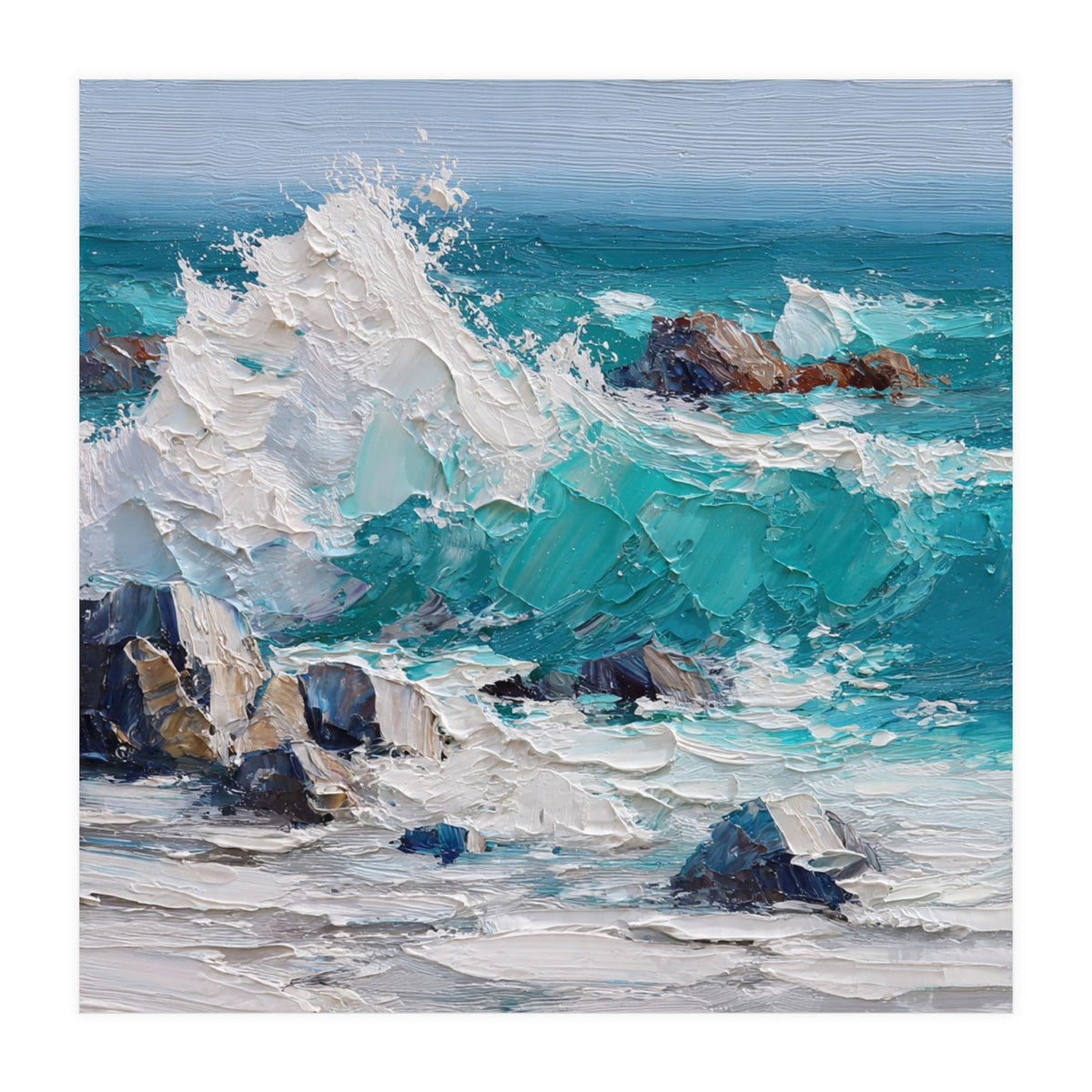 Dynamic Crashing Turquoise Ocean Wave Against Rugged Coastal Rocks (Print Only)