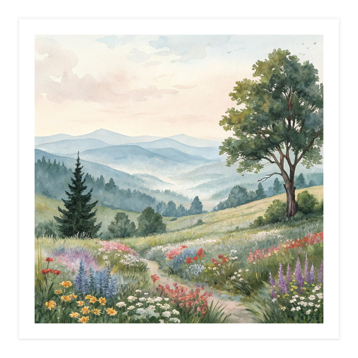 Serene Mountain Meadow Watercolor Landscape (Print Only)