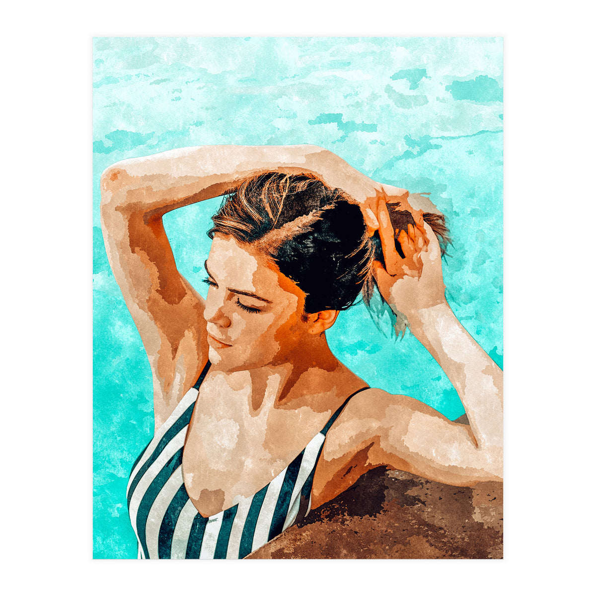 Simulacrum | Modern Bohemian Woman Swim | Summer Swimming Pool Fashion Watercolor Painting (Print Only)