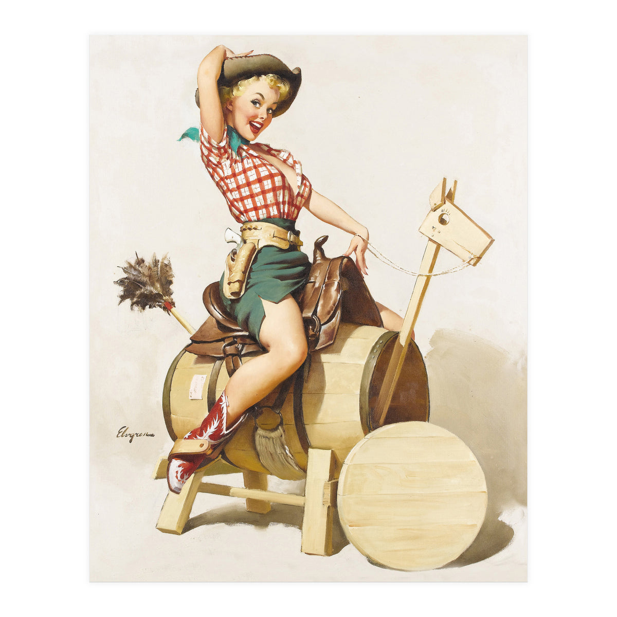 Pinup Cowgirl Riding A Wooden Horse Made Of Barrel (Print Only)