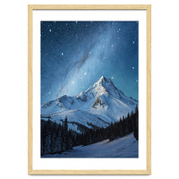 Majestic Snow-Capped Mountain Peak Under a Brilliant Starry Night Sky