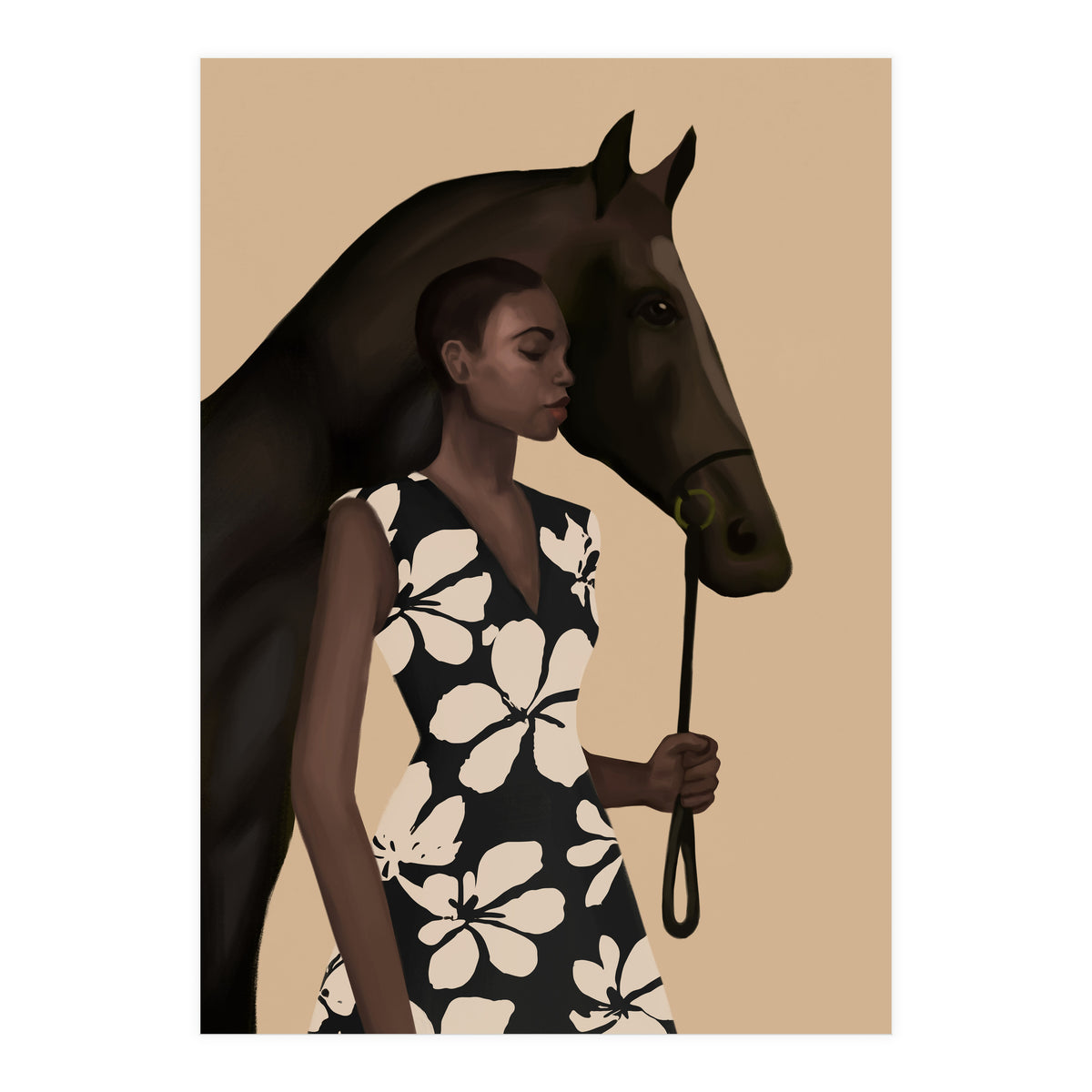 Woman In Bold Print With Black Horse (Print Only)