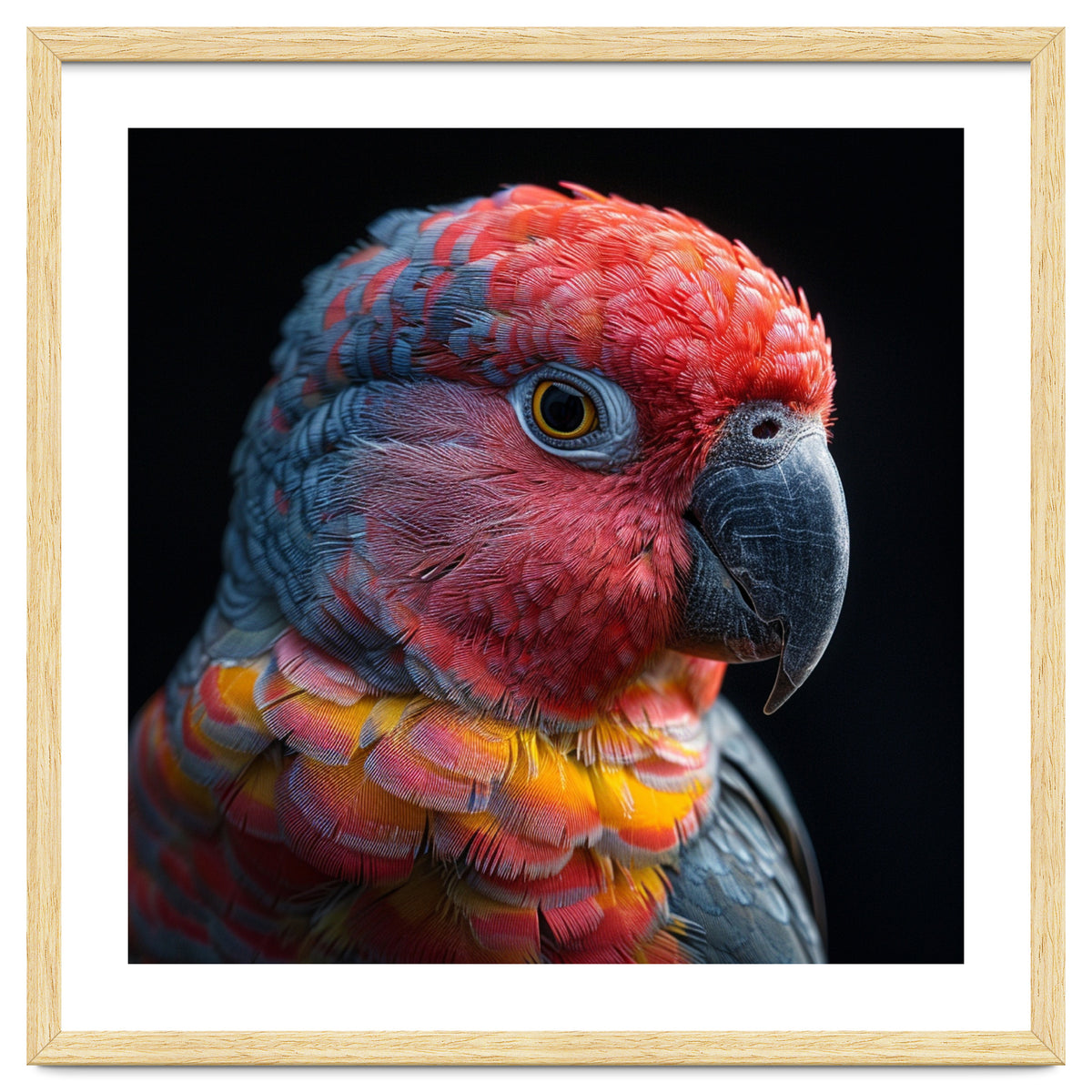 Close Up Parrot Face Red Blue Yellow Plumage