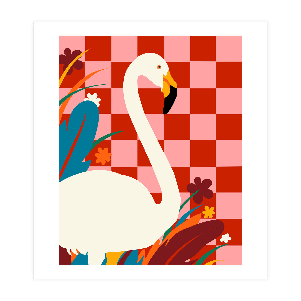 Checkers & The Great Egret, Wildlife Animals Maximalist Eclectic, Bold Heron Botanical Nature Jungle Bohemian (Print Only)