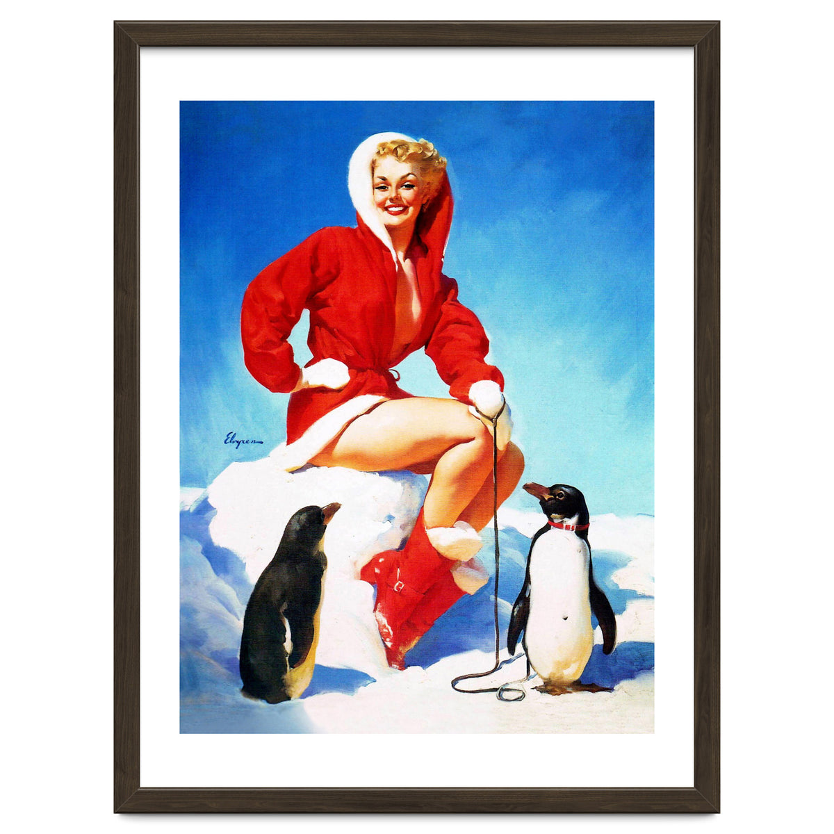 Pinup Sexy Woman Posing With Two Penguins