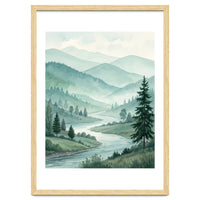 Serene Misty Mountain Valley Watercolor Painting