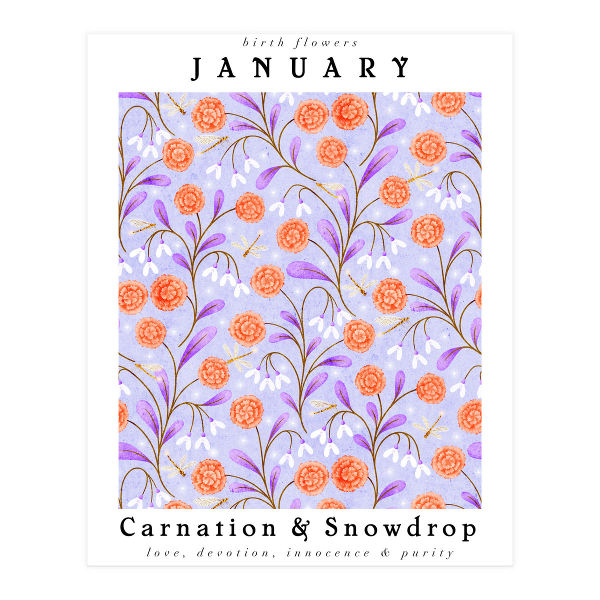 Carnations And Snowdrop January Birth Flower Floral Print (Print Only)
