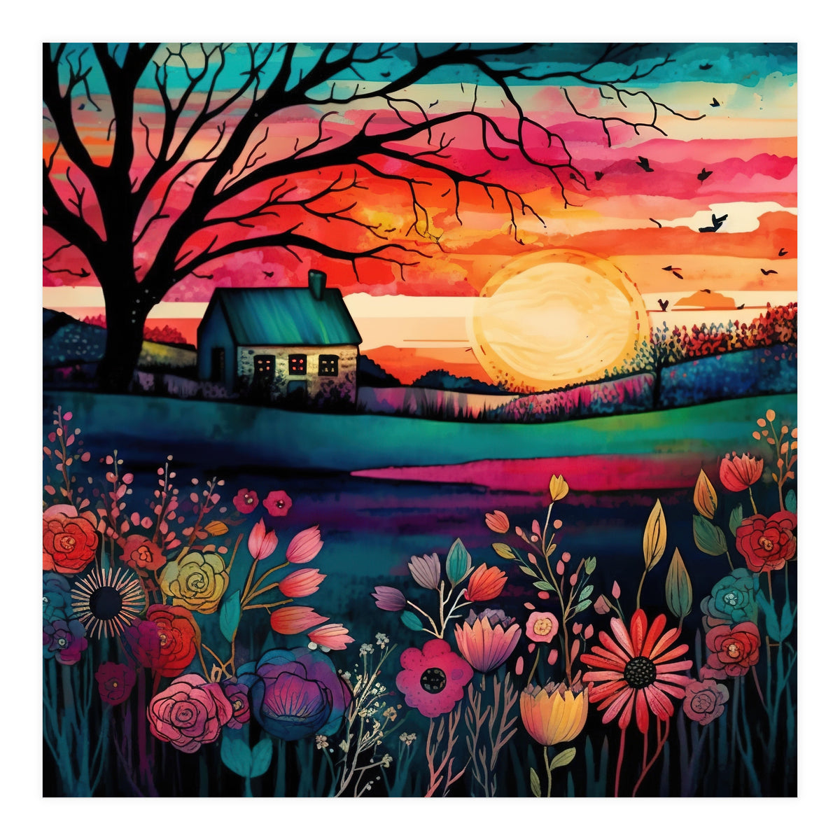Watercolor Folk Art Sunset Landscape (Print Only)