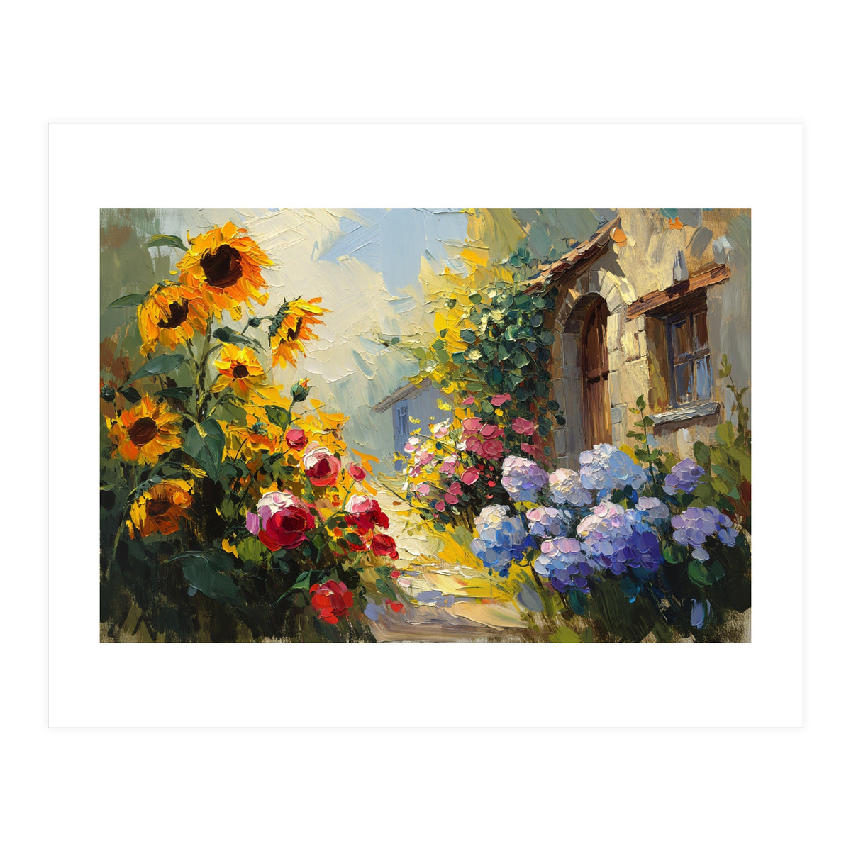 Vibrant Summer Cottage Garden Oil Painting (Print Only)