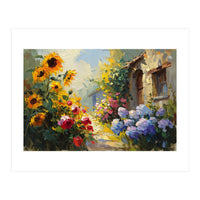 Vibrant Summer Cottage Garden Oil Painting (Print Only)