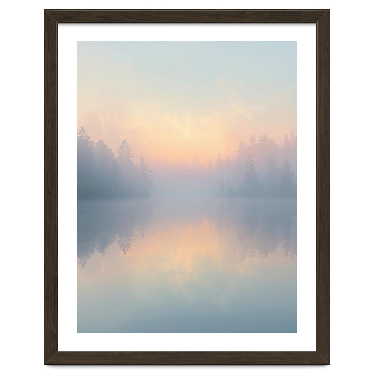 Misty Sunrise Over Pine Forest Lake