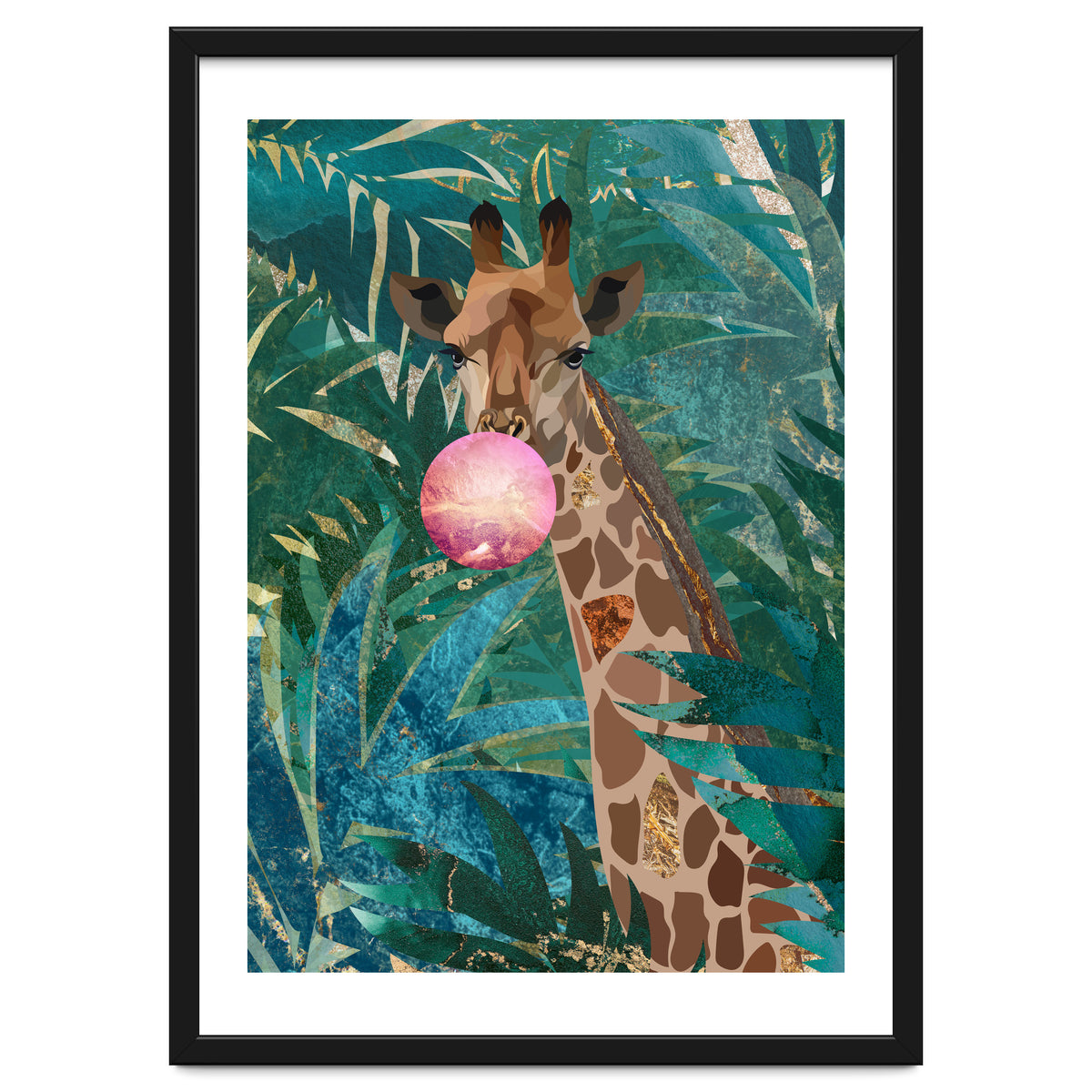 Giraffe blowing a bubble in the jungle