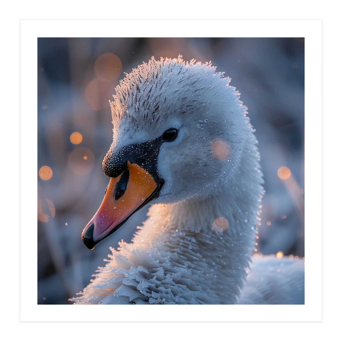 Close Up Frosty Swan Head During Golden Hour (Print Only)