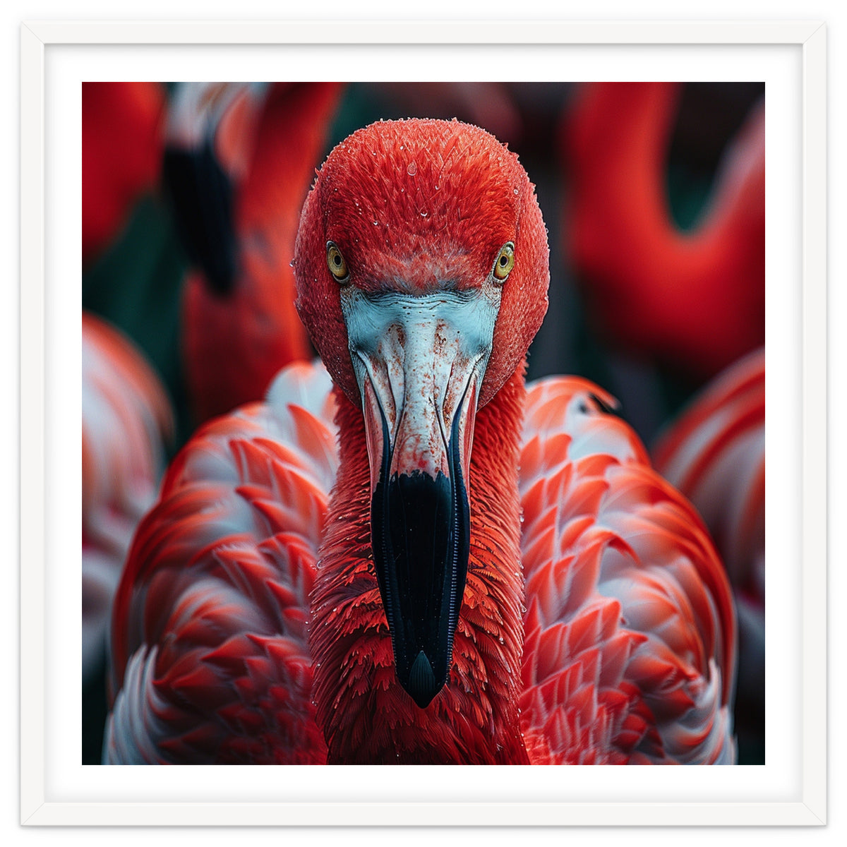 Close Up Flamingo Head With Bright Red Feathers