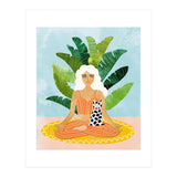 Meditation With Thy Cat Poster | Blonde Woman of Color | Tropical Banana Leaves Quirky Pet Workou (Print Only) thumbnail