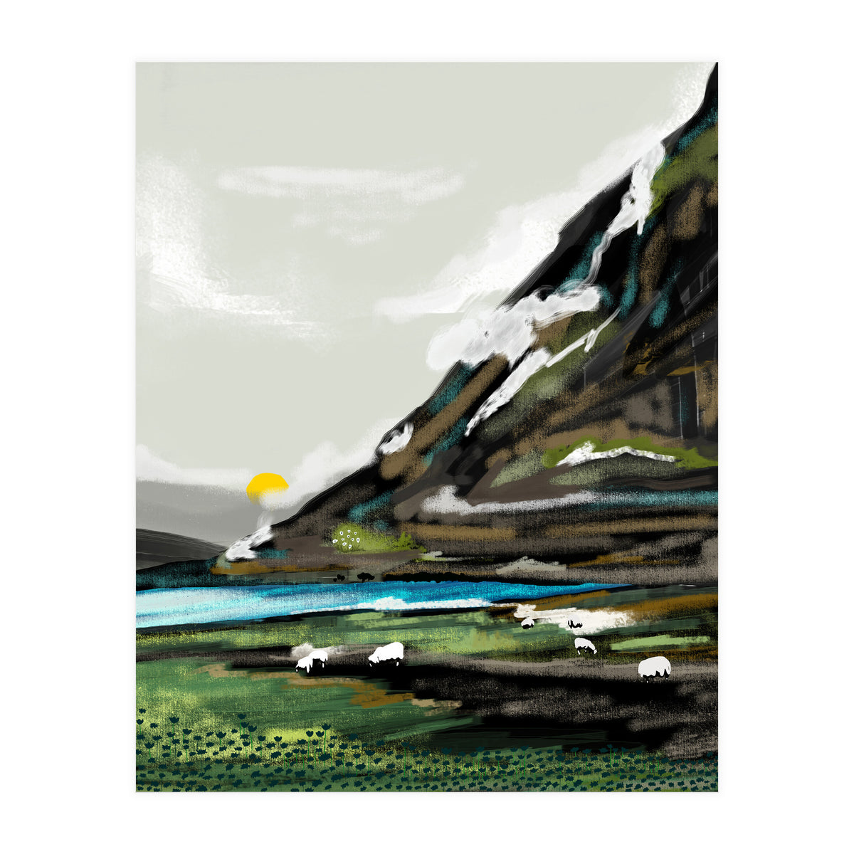 Graze, Cattle Nature Landscape Painting, Mountains Wild Adventure Cows, Animals Grassland Bohemian (Print Only)