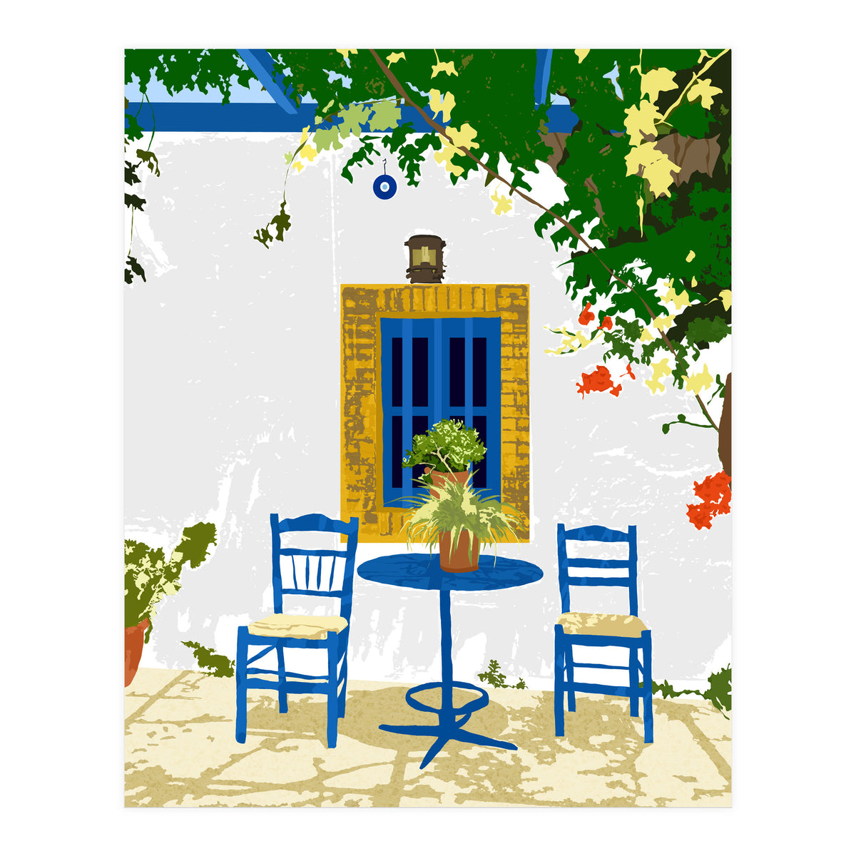 Greek Vacay For Two, Evil Eye Santorini Travel Summer, Eclectic Travel Architecture White Buildings Cafe (Print Only)