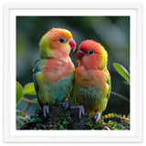 Lovebirds Pair Perched On Mossy Branch Outdoors thumbnail