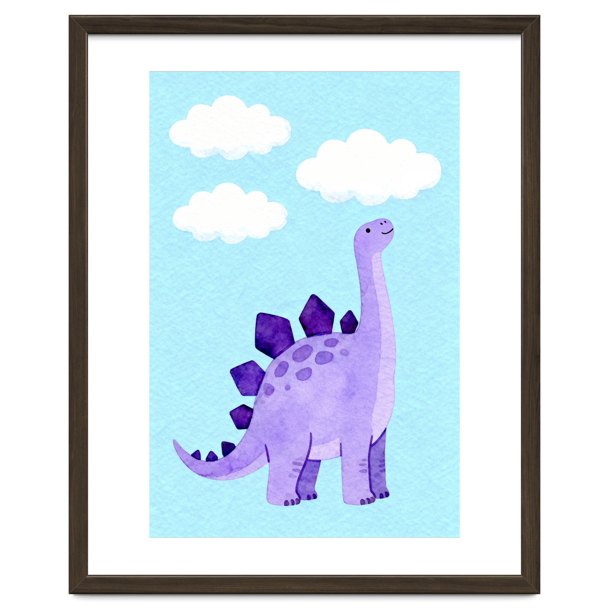 Purple Stegosaurus Watercolor Art, Cute Dinosaur Nursery Print, Dino and Clouds Illustration