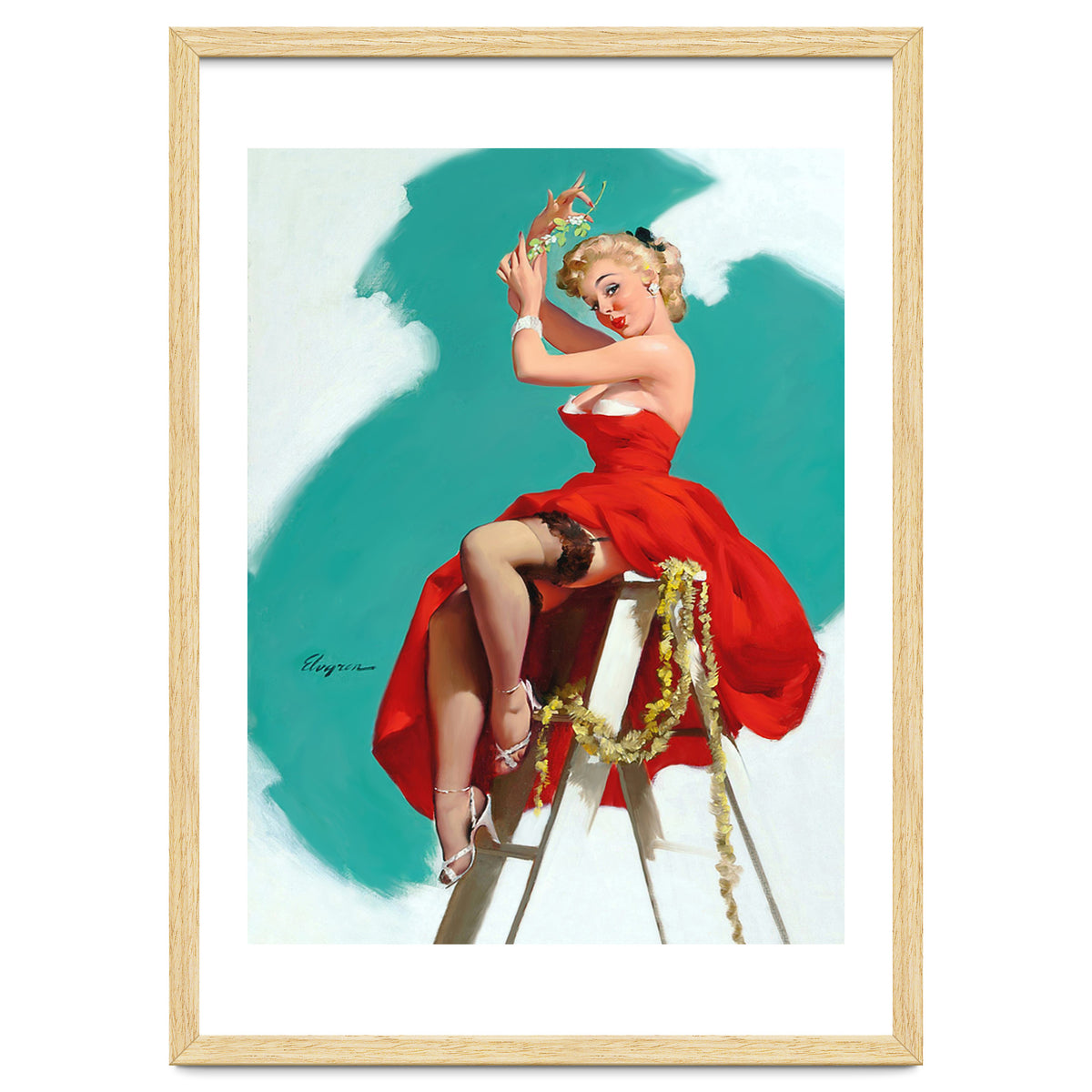 Sexy Pinup Girl In Red Dress Posing On a Ladder