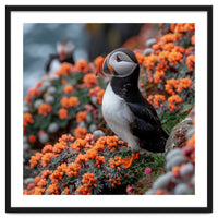Atlantic Puffin Bird Perched On Orange Flowers