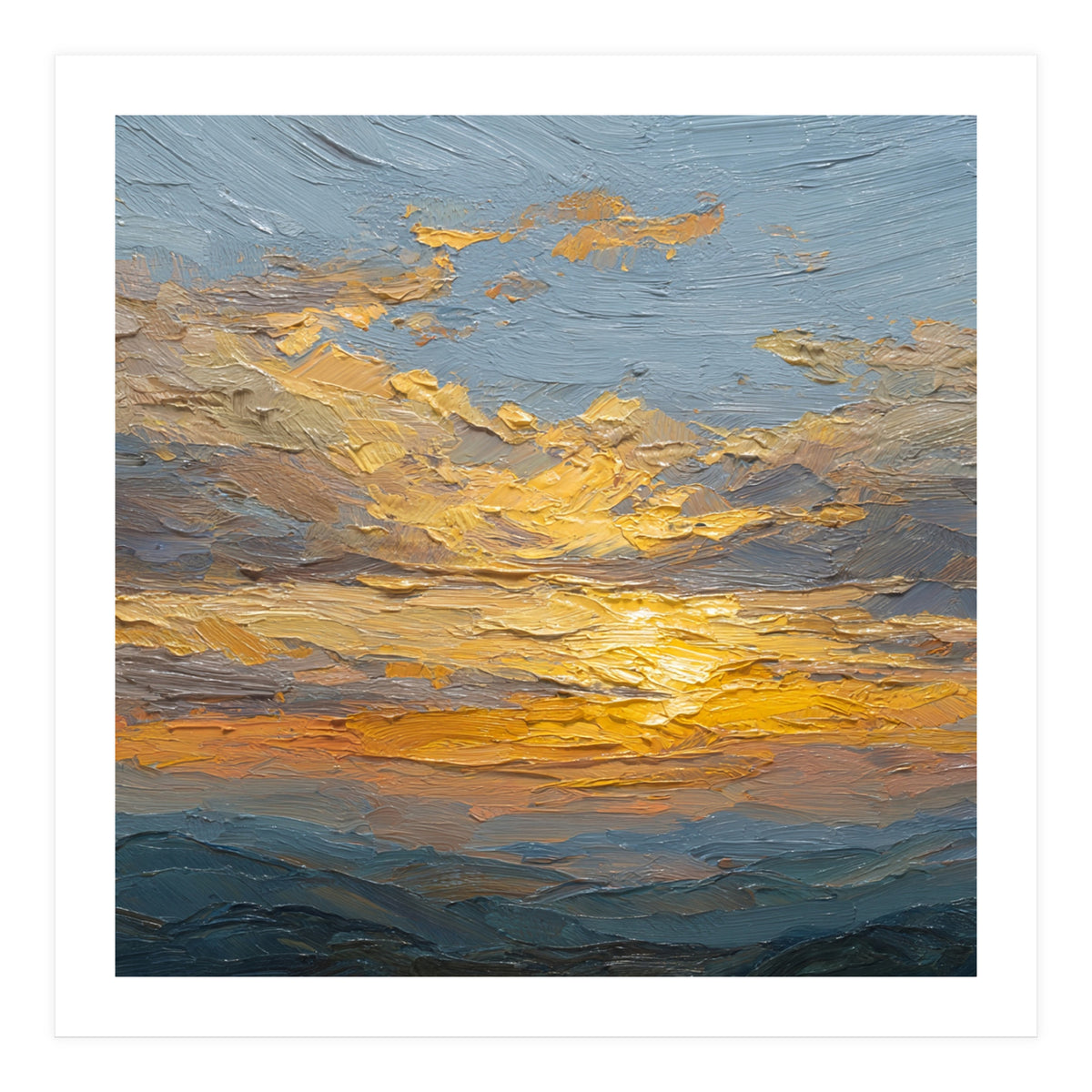 Atmospheric Golden Sunset Impasto Oil Painting Featuring Textured Clouds (Print Only)