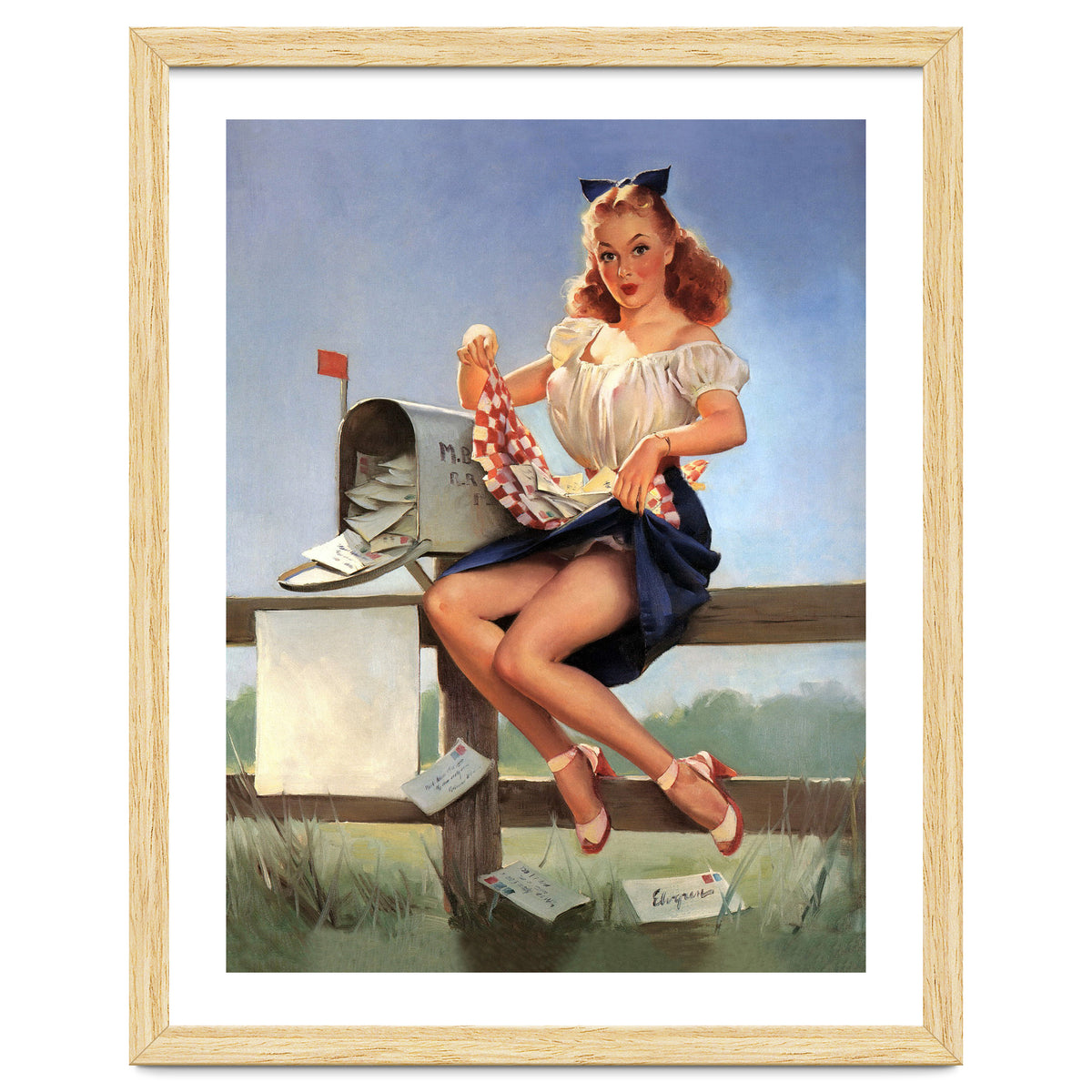 Countryside Pinup Girl Posing On A Fence With Love Letters And A Full Mailbox