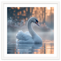 Serene White Swan Gliding On Misty Water