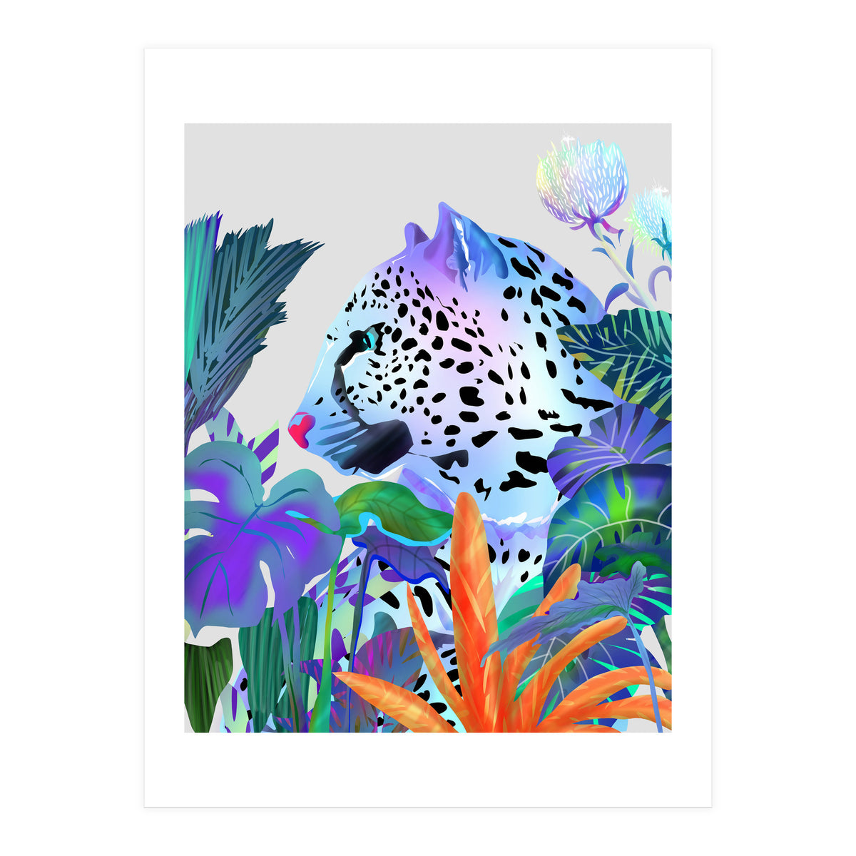 Holographic Leopard, Tropical Jungle Eclectic Nature, Colorful Botanical Wildlife, Boho Contemporary Animals, Tiger Cheetah Cat Maximalism (Print Only)