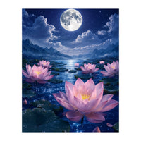 Moonlit Lotus Pond: Serene Nighttime Floral Landscape (Print Only)