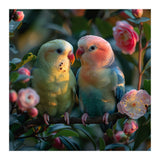 Two Lovebirds Perched On A Branch Near Flowers (Print Only) thumbnail