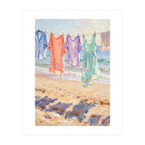 Laundry Drying by the Sea, Colorful Clothes on a Beach Clothesline, Coastal Summer Pastel Painting, Relaxing Ocean Shore Art Print (Print Only) thumbnail