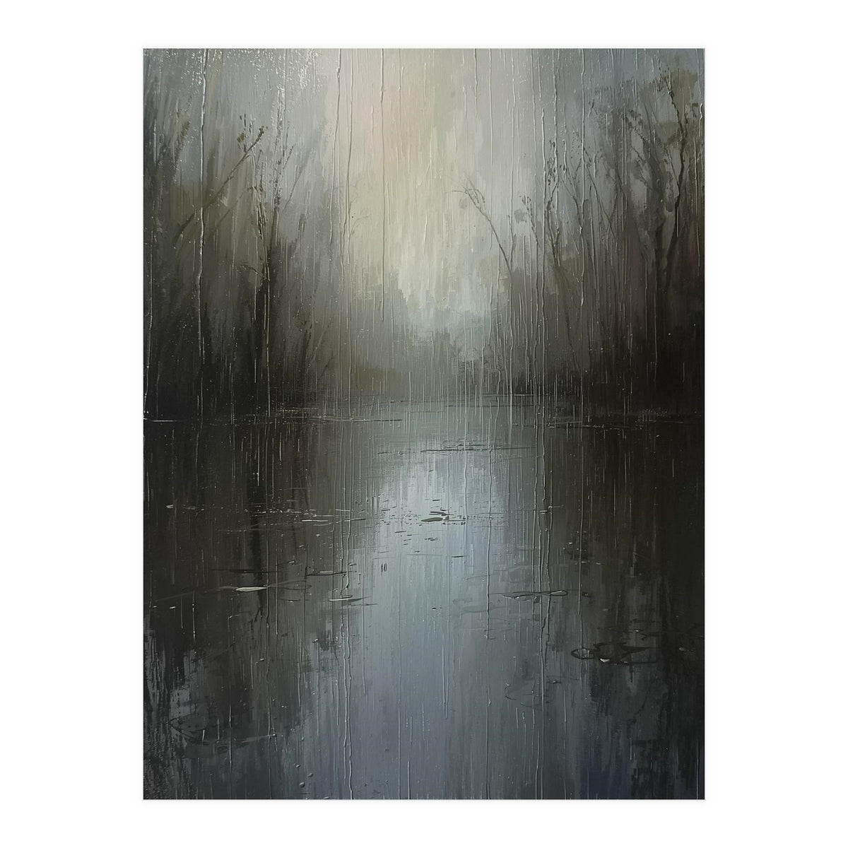 Ethereal Rainy Lake Forest Oil Painting (Print Only)