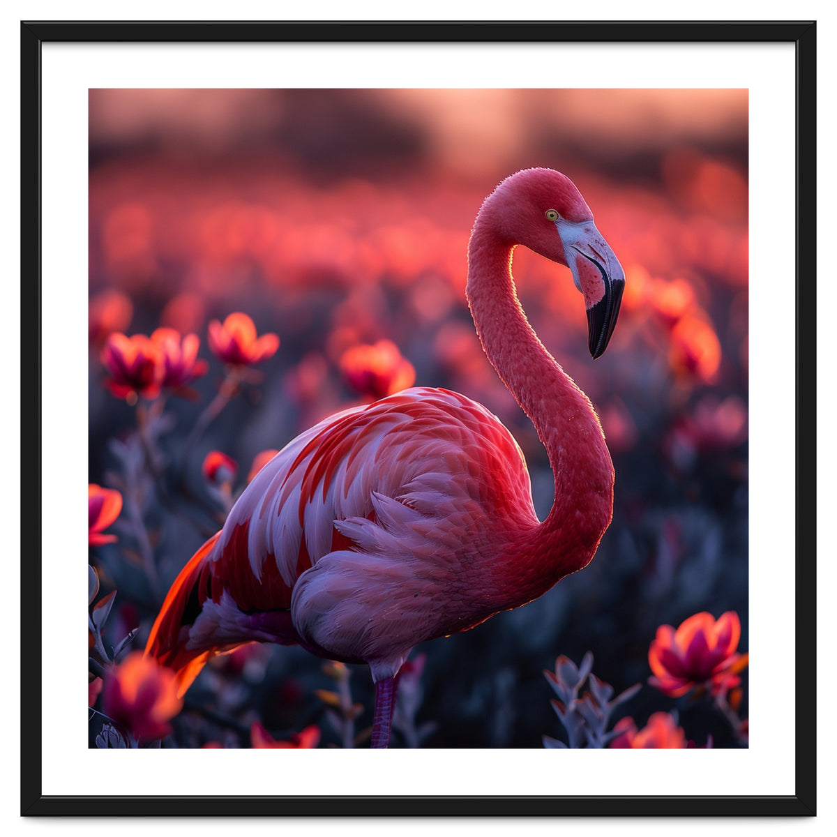 Pink Flamingo Bird Standing Among Flowers At Sunset