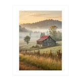 Rustic Red Roof Barn in Misty Morning Valley Landscape (Print Only) thumbnail