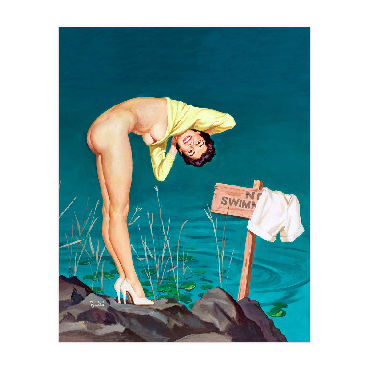 Sexy Pinup Girl With No Swimming Sign (Print Only)