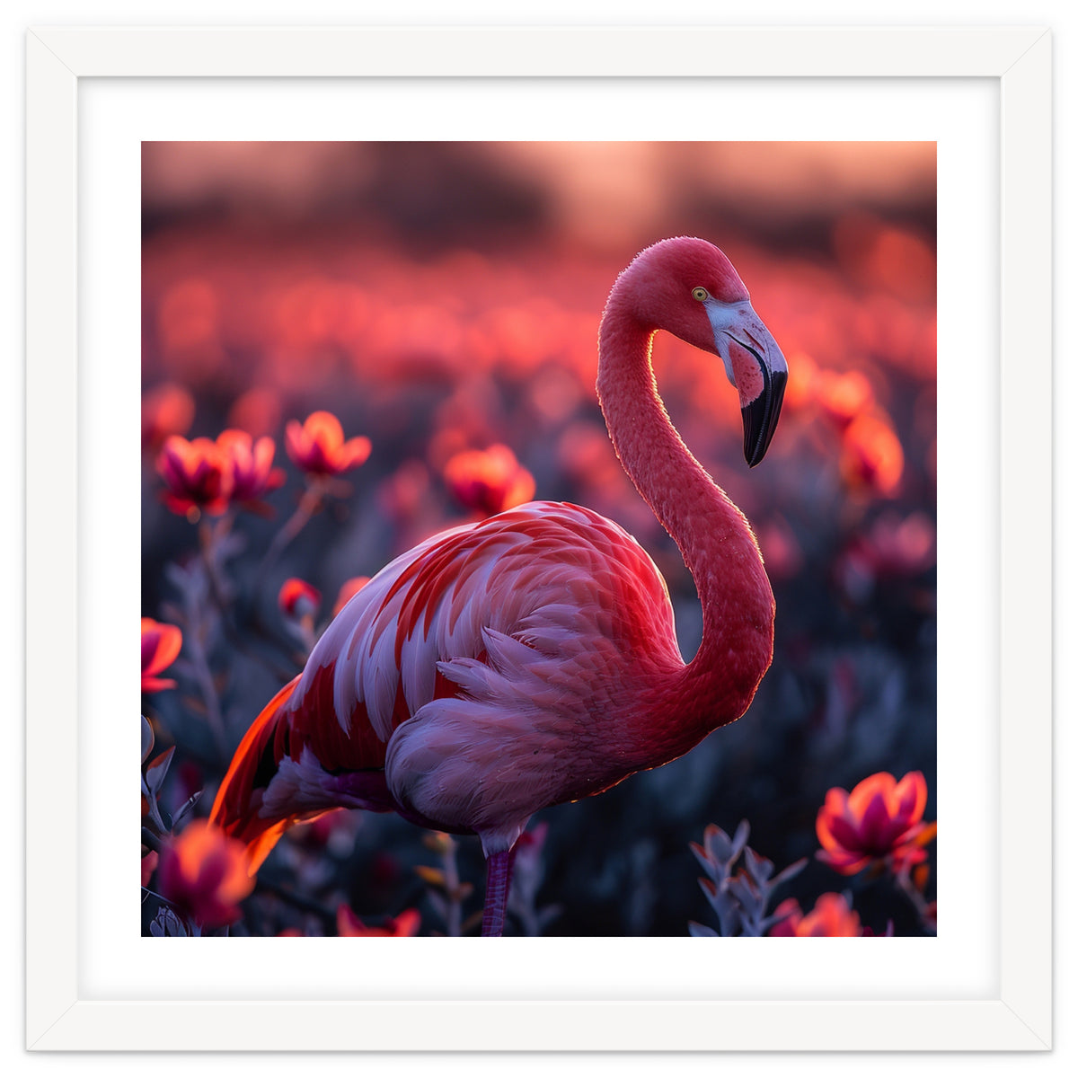Pink Flamingo Bird Standing Among Flowers At Sunset