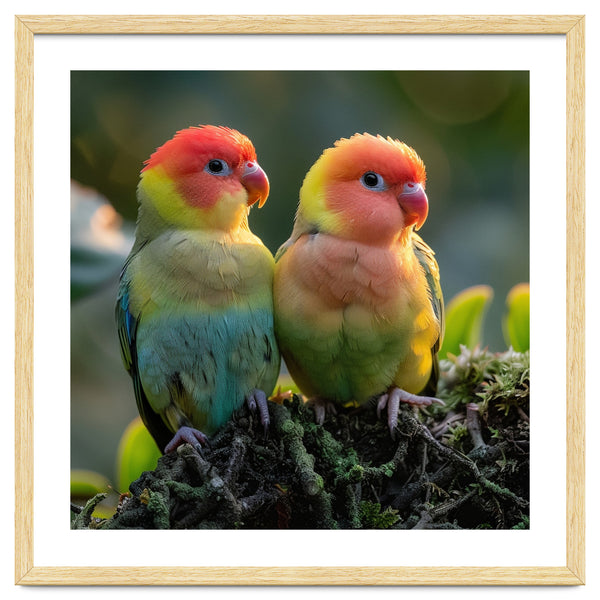 Lovebirds Couple Perched On Mossy Branch Sunlight