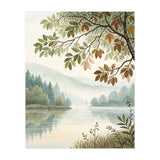 Tranquil Lakeside Forest Watercolor Painting with Overhanging Autumn Branches and Misty Mountain Reflection (Print Only) thumbnail