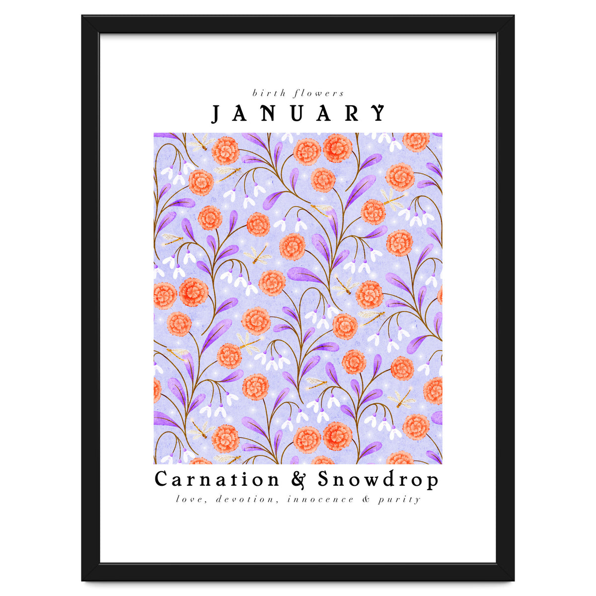 Carnations And Snowdrop January Birth Flower Floral Print