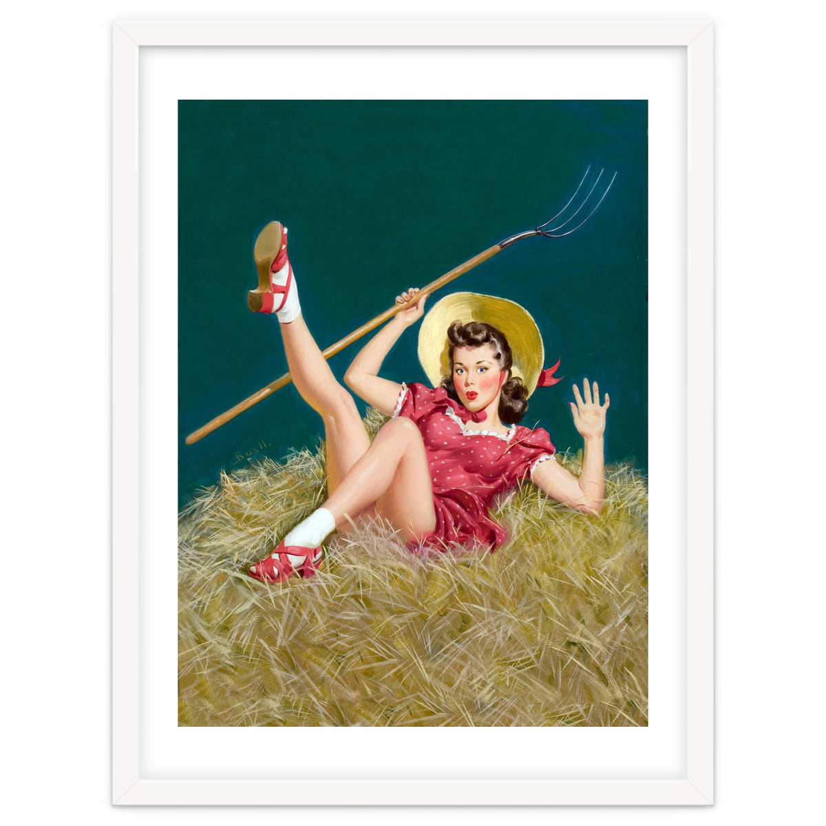 Pinup Sexy Girl Posing On A Hay With A Pitchfork