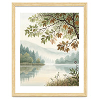 Tranquil Lakeside Forest Watercolor Painting with Overhanging Autumn Branches and Misty Mountain Reflection