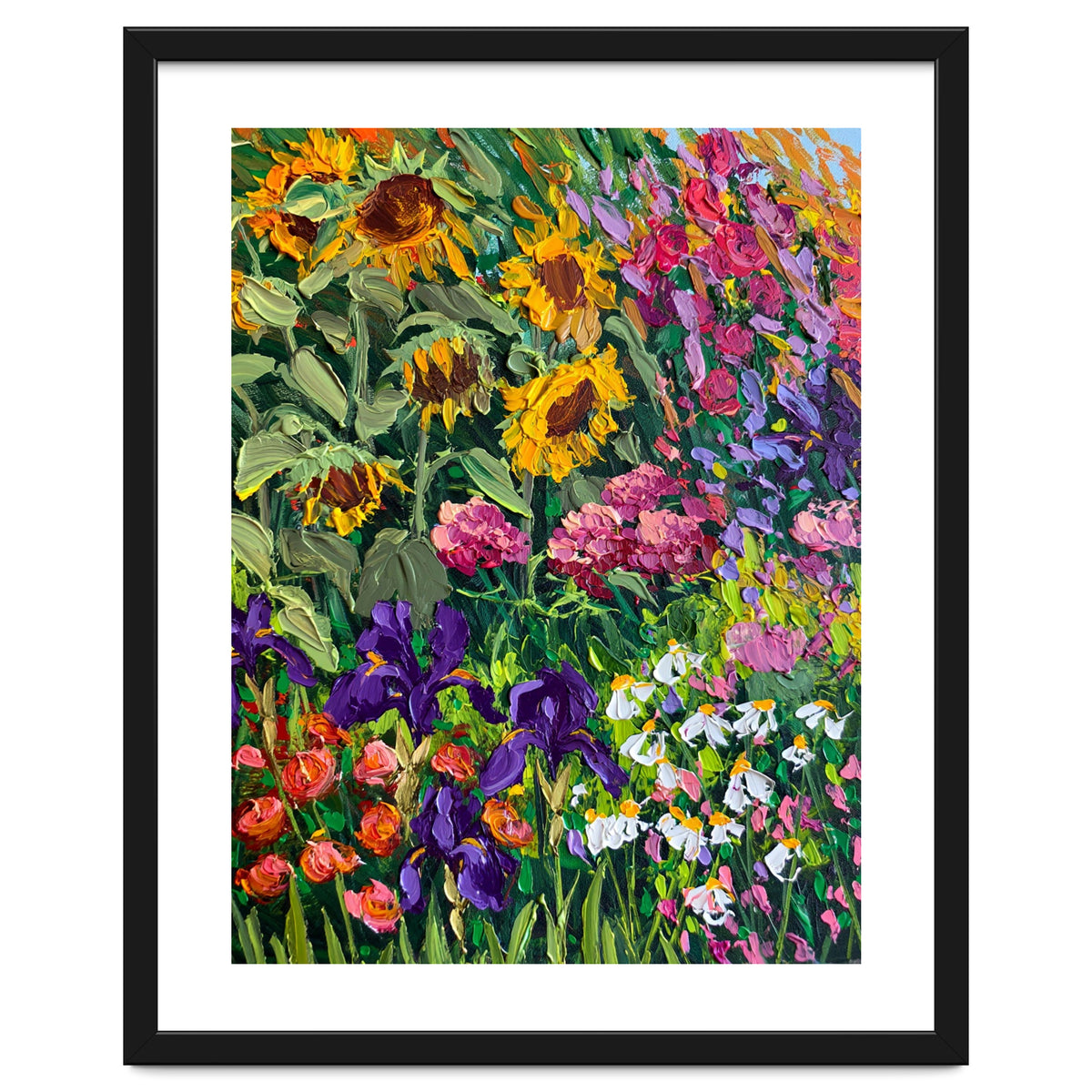 Vibrant Summer Sunflower and Iris Meadow Oil Painting