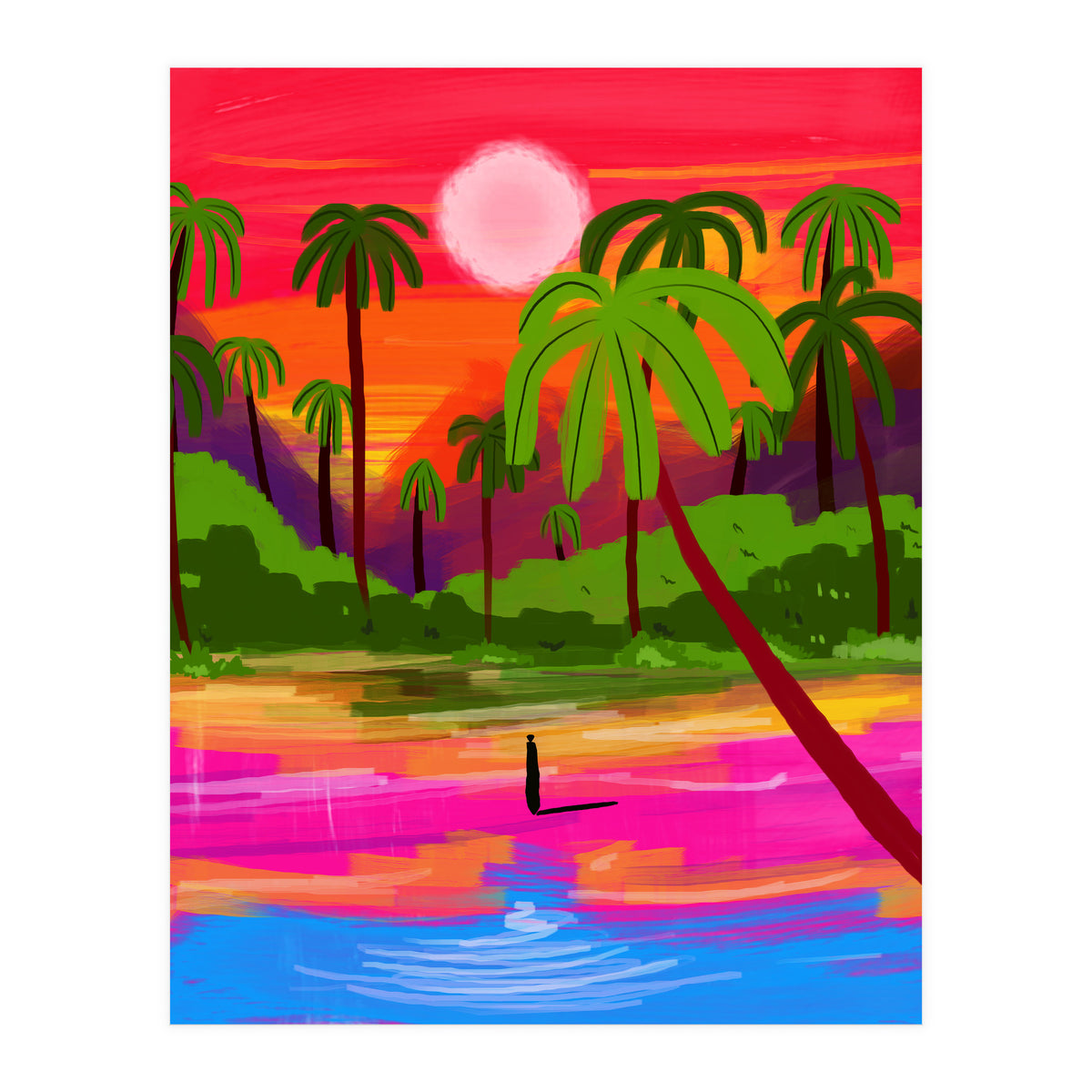 My Shadow & I, Sunset Painting Lake Beach Seashore, Tropical Nature Landscape Colorful Bohemian Traditional, Travel Concept Companion (Print Only)