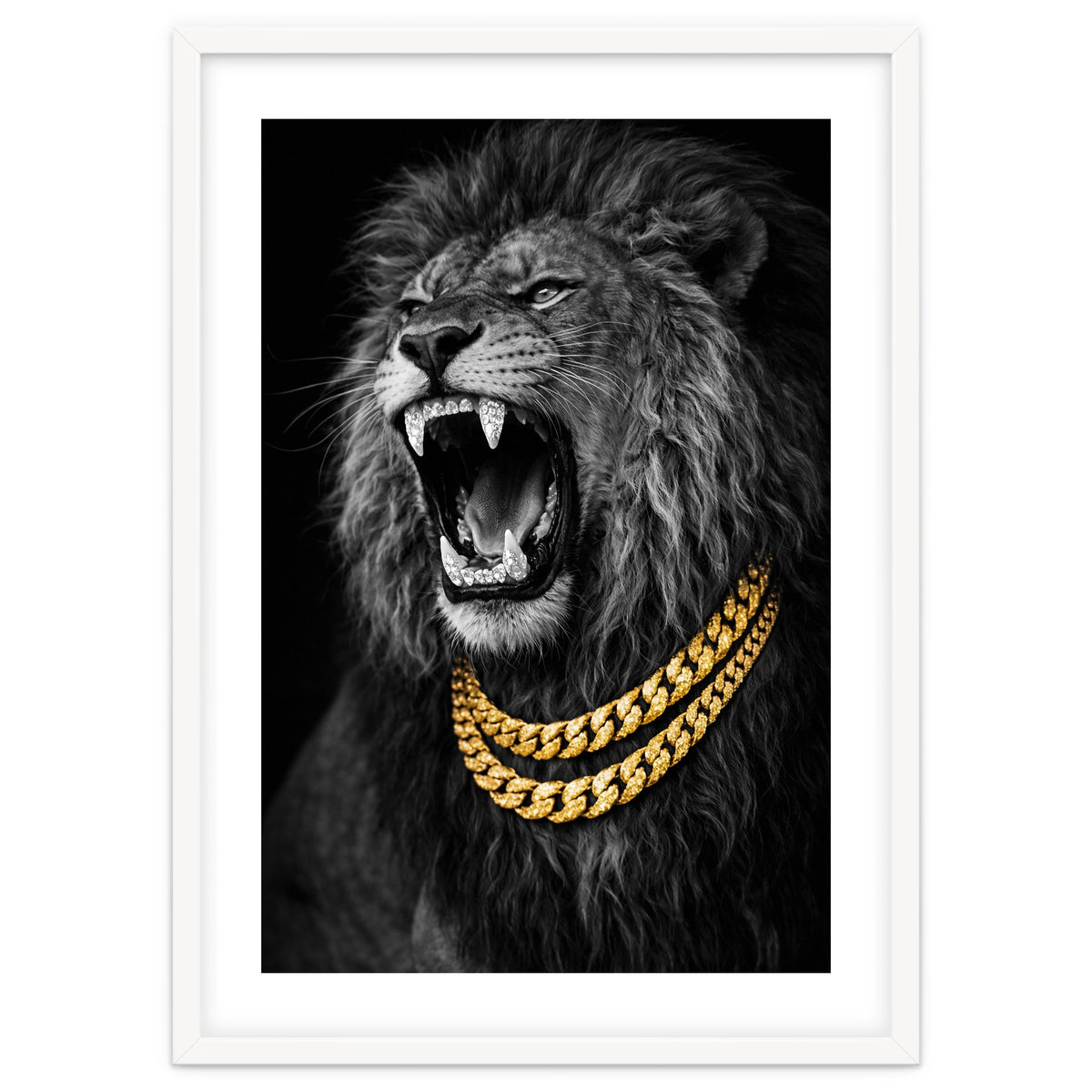 Bejweled hyper-realistic lion photography,diamond fangs portrait