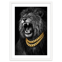 Bejweled hyper-realistic lion photography,diamond fangs portrait