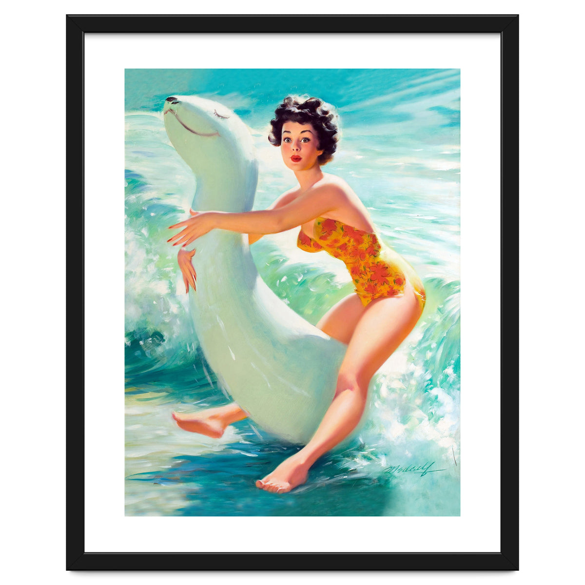 Happy Pinup Girl On The Beach Hugging Her Rubber Toy