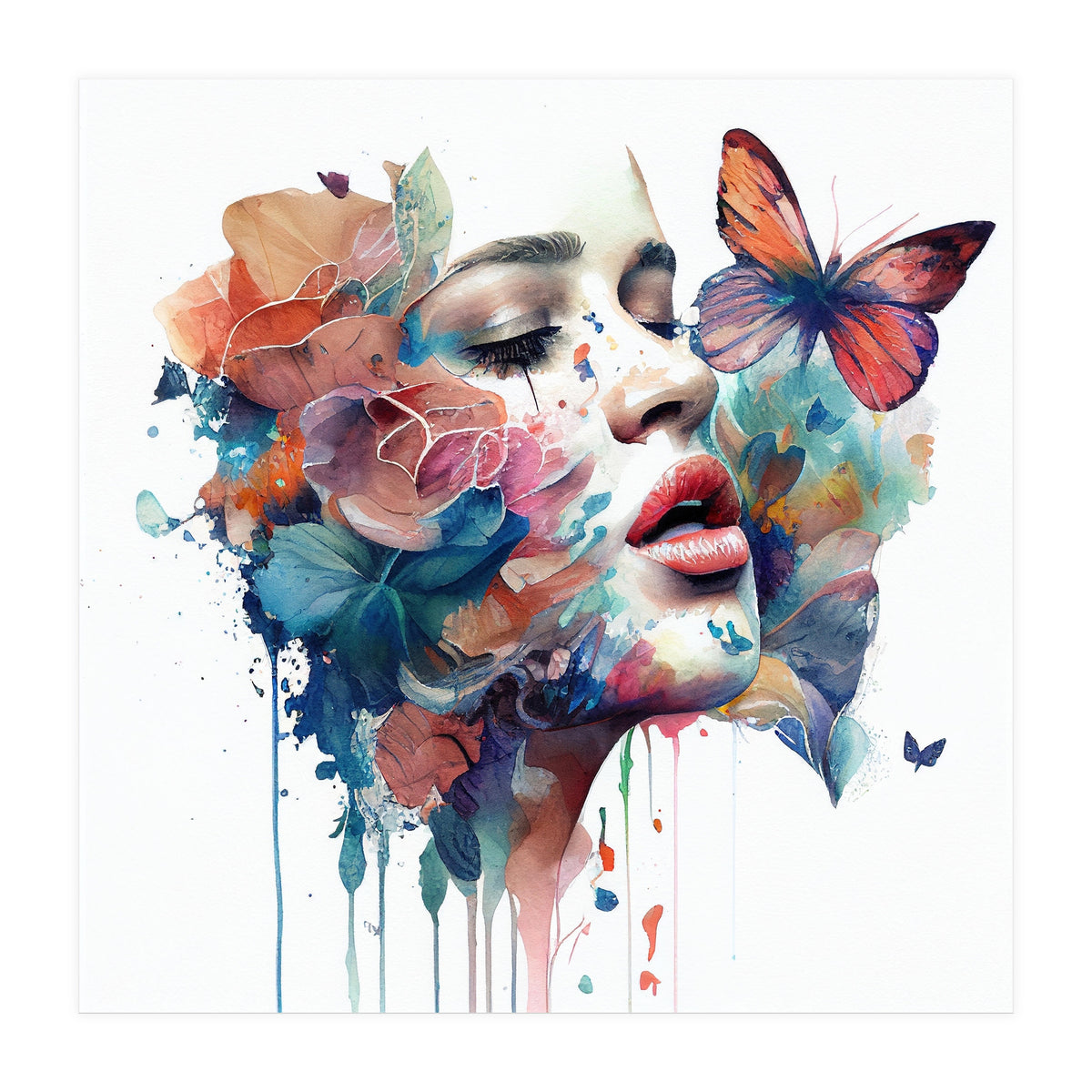 Watercolor Floral Woman Face #1 (Print Only)